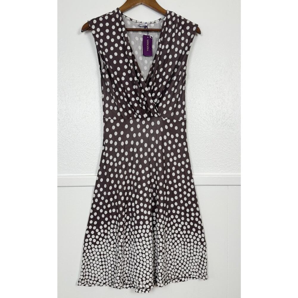 LASCANA Polka Dot Faux Wrap Midi Dress 6 Brown White Retro Pinup - Picture 2 of 8